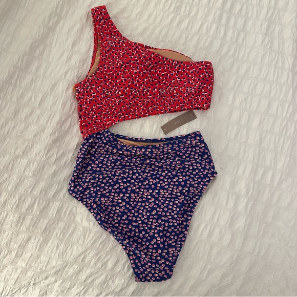 NWT J. Crew One Shoulder Cutout One Piece Swimsuit Red Blue Polka Dot American 8 - Picture 4 of 8